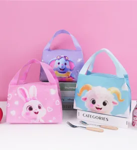 Cartoon animal print insulated lunch bag portable canvas lunch tote for students and office workers.