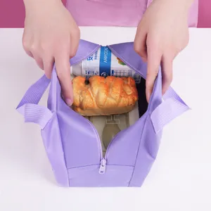 Purple insulated lunch bag with zipper, portable bento bag for daily office and school use.