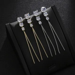 Geometrische Legierung Zirkonia Lange Quaste Ohrringe Mit 925 Sterlingsilber Ohrstecker-Stift Mode Elegante Ohrhänger Für Damen