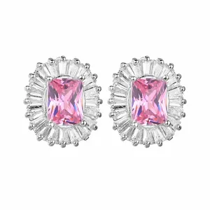Orecchini a lobo in argento con zircone rosa rettangolare e alone di pietre brillanti, eleganti.