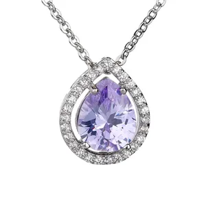 Silver tone pear purple cubic zirconia halo necklace elegant clavicle chain jewelry detail view