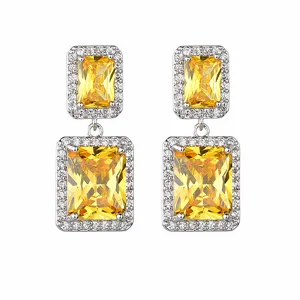 Elegante Kupfer Zirkonia Quadratische Doppelschicht Ohrhänger Mit Silber Ohrringpfosten Geometrischer Galvanisierter Modeschmuck Für Damen