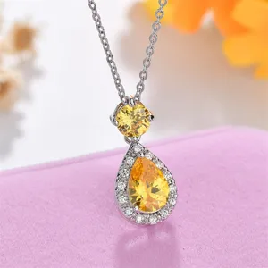 Klassische silberne Tropfen gelbe Zirkonia Anhänger Halskette elegante Halo Schmuck