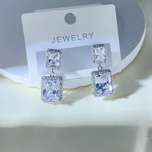 S925 Silber Nadel quadratische Zirkon Ohrringe, elegante doppellagige Kristall Ohrhänger.