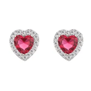 Herz Roter Zirkon Ohrstecker Silber 925 Nadel Süßer Zarter Schmuck Geschenk für Damen