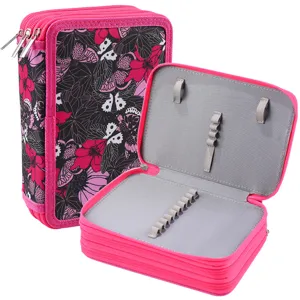 Trousse a crayons grande capacite a plusieurs couches avec motif floral papillon rose.