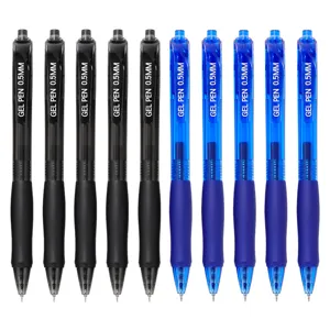 Set of 10 retractable gel pens 0.5mm fine point black and blue ink for smooth writing office.