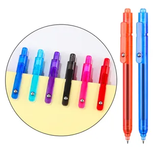 Details of colorful retractable gel pens showing translucent barrels and convenient clip design.
