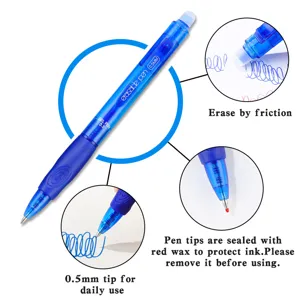 Retractable erasable gel pen with 0.5mm fine tip, smooth writing and friction eraser.