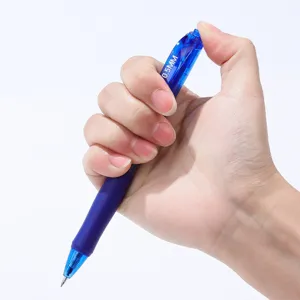 Detailed view of the 0.5mm retractable blue gel ink pen held in hand for smooth writing.