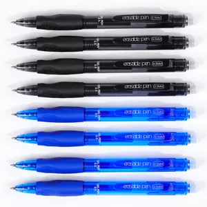 Detail view of 8 erasable gel pens, 0.5mm tip, black and blue ink colors neatly arranged.