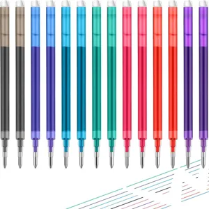 Colorful erasable gel pen refills detail shot showing bullet tips and smooth writing lines.