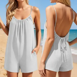 Mujer Verano Playa Casual Jumpsuit Espalda Descubierta Tirantes Spaghetti Color Gris