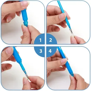 Detail view showing assembly of erasable blue pen refill with spring, clear steps layout.