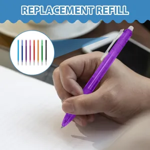 Detail shot of erasable gel pen refill in purple, showing smooth writing performance and ink.