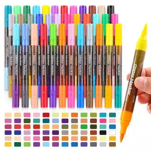 Set de rotuladores brillantes de doble punta con colores vibrantes y muestras para dibujar.