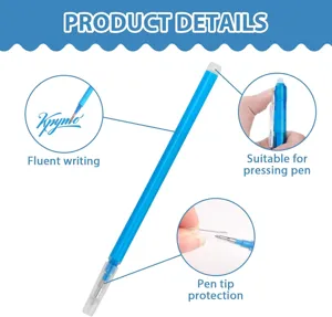 Blue erasable gel pen refill detail showing smooth writing and protective cap features.