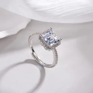 Stunning square cut CZ diamond halo ring, elegant adjustable silver ring for daily wear.