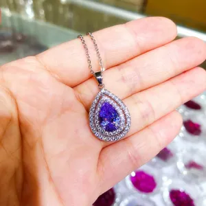 Stunning purple cubic zirconia water drop pendant necklace with shimmering double halo for women.