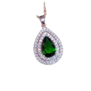 Elegant teardrop green crystal pendant necklace with double halo zirconia in rose gold finish