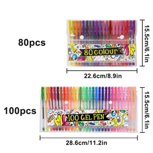 Detailed view of colorful gel pen sets in 80 and 100 pieces with transparent cases.