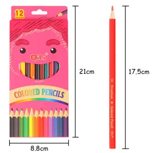 12-color colored pencil set with pink packaging box and a wooden pencil, detail view showing size.