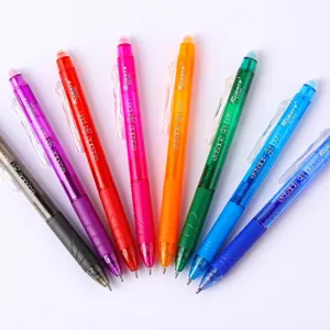 Colorful erasable gel pen detail view, 0.5mm fine point writing tool, student stationery.