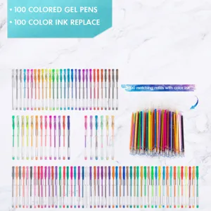 100 Colored Gel Pens and Refills Set, Vibrant Glitter Metallic Neon Colors for Drawing and DIY Art.