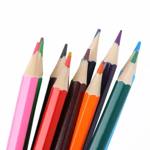 Close-up detail of multi-color wooden pencils with hexagonal shafts for art drawing.