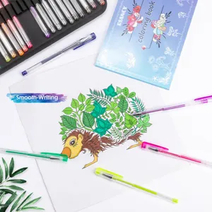 Colorful gel pens detail shot showing smooth writing performance and vibrant glitter ink colors.