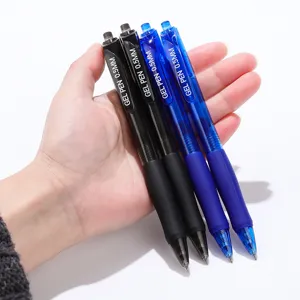 Detail view of 0.5mm retractable gel pens in black and blue ink for smooth office writing.