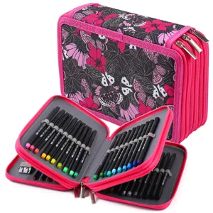 Trousse à crayons multicouche avec motif floral et papillon vibrant, grand organisateur papeterie.