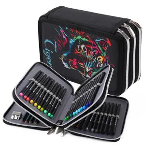 Trousse à crayons en toile noire multicouche avec motif tigre coloré et kit de stylos
