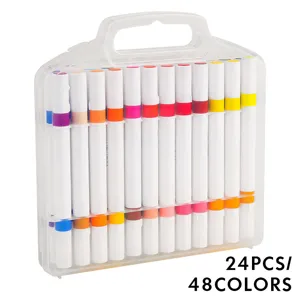 Set 24 Pennarelli a Doppia Punta 48 Colori con Custodia di Plastica Trasparente per Disegno