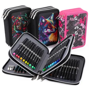 Trousse à Crayons en Toile Multi-Couches Grande Capacité Sac de Rangement Mignon Motif Animal Organisateur de Papeterie pour Étudiants