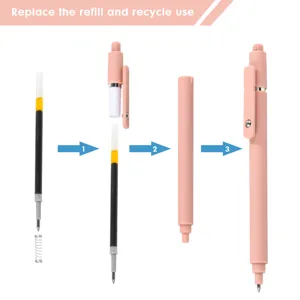 Refill replacement step detail view showing spring and gel ink pen internal structure.