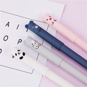 Close-up of cute cartoon animal gel pens, featuring lovely panda and bear cap designs.