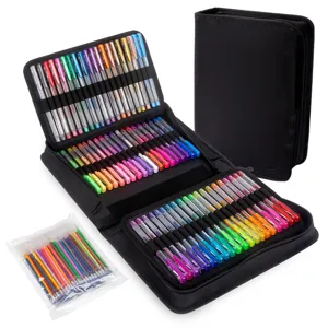 Colorful gel pens set with black zipper case and refill bag for drawing and coloring.