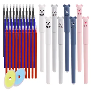 Detailed view of cute cartoon animal erasable gel pens set with colorful refills.