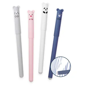 Cute cartoon erasable gel pens set with animal toppers, 0.5mm bullet tip for smooth student writing.