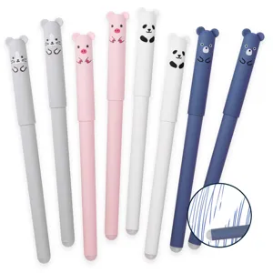 Cute cartoon erasable gel pens set with animal caps, 0.5mm black and blue ink for students.