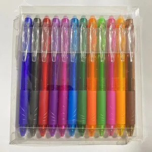 Colorful erasable gel pens set, 12 vibrant assorted colors in clear storage box for students.