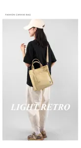 Canvas tote bag detail view, casual minimalist design with shoulder strap and front pocket.