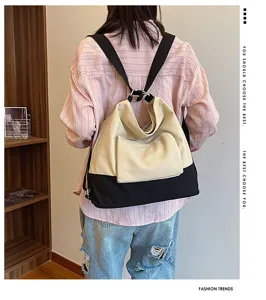 Canvas backpack women fashion casual contrast color versatile shoulder bag daypack