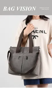 Canvas shoulder bag detail showing sturdy brown straps, dual front zipper pockets and texture.