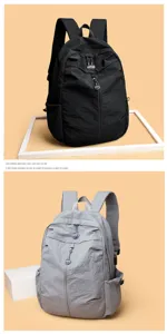 Casual lightweight student backpack detail, multi-pocket travel bookbag in black and grey.