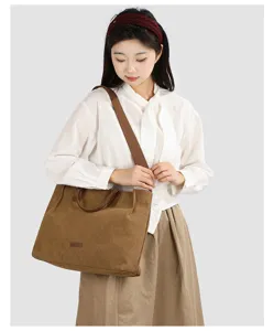 Casual brown canvas tote bag for women minimalist daily commuting shoulder crossbody handbag details