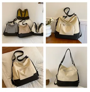 Detailed view of the stylish canvas multi-functional backpack and shoulder bag with contrast.