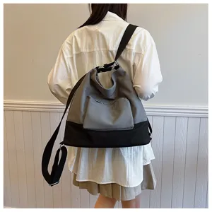 Women casual canvas backpack multi-functional grey and black shoulder bag detail view