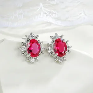 Orecchini a Bottone Ovali in Zaffiro e Rubino Sintetico Stile Lady Di Orecchini Cluster in Rame e Zirconia da Donna